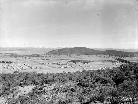 Reid, Braddon and Civic Centre from Mt Ainslie. Ainslie Hotel in the centre, Black Mountain on the horizon.  