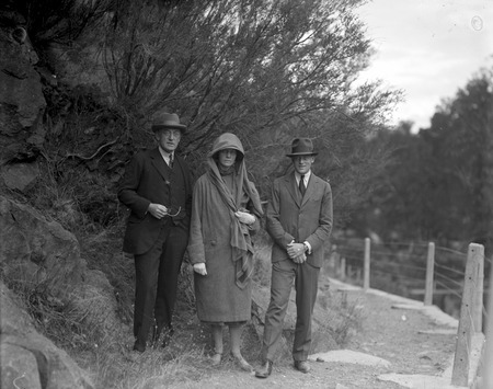 Two men and a lady at the Cotter Dam