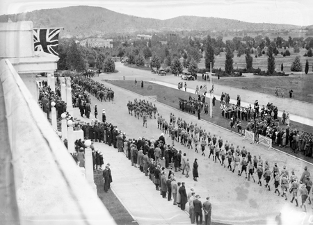 Anzac Day 1933. Boy Scouts marching past the Govenor General Sir Isaac Isaacs in front of Parliament House.