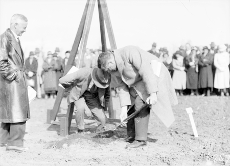 First plantings of National Rose Garden in front of Parliament House. Minister for the Interior Mr. J. A. Perkins planting the first rose with Mr.F.A. Piggin President of the Canberra Horticultural Society and Mr. C.S. Daley of the FCC.