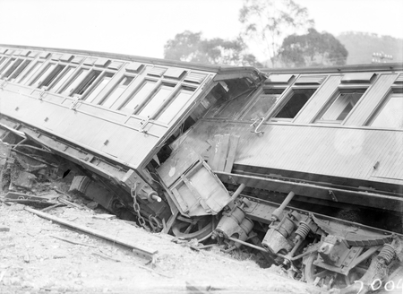 Derailment of the Albury Mail Train at  Bowning at 4.30 AM. Train was travelling at 35 MPH and 6 carriages were derailed. 6 passengers were injured. Two of the derailed carriages.