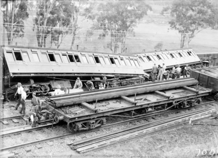 Derailment of the Albury Mail Train at  Bowning at 4.30 AM. Train was travelling at 35 MPH and 6 carriages were derailed. 6 passengers were injured. Two of the overturned carriages and a rescue waggon.