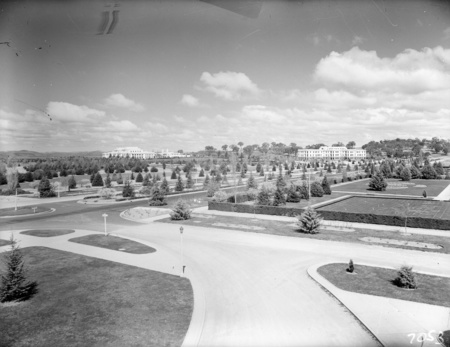 Parliament House and West Block Offices from Albert Hall showing developing gardens.