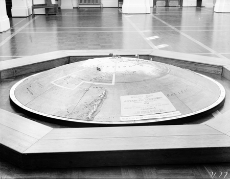 Model of a relief map of the Antarctic continent. Progress of exploration in the Antarctic on display in Parliament House. Presented by Sir Macpherson Robertson.