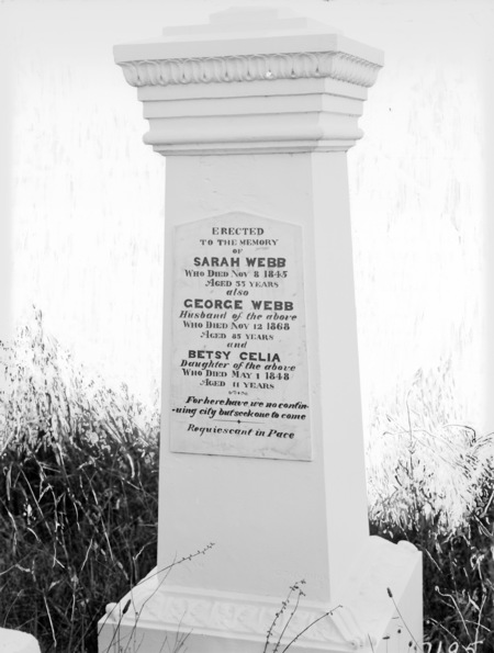 The prophetic tombstone of Sarah, George and Betsy Webb. The inscription is prophetic "For here we have no continuing city but seek one to come" St John's Churchyard, Constitution Avenue, Reid.