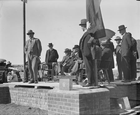 Ceremony of the laying of the Foundation Stone of the Methodist National Memorial Church, Reid. Sir John Butters speaking.