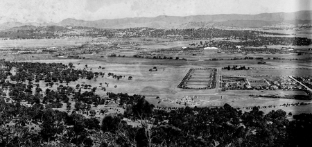 View from Mt Ainslie along Anzac Parade  to Parliament House. War Memorial, under costruction, in front