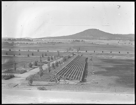 Spectators stands in Parkes Place from roof of Parliament House.Mount Ainslie in background.
