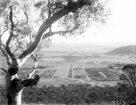 Reid, Braddon and Civic Centre from Mt. Ainslie. Ainslie Hotel in front.