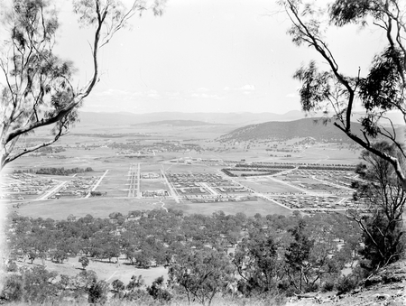 Reid, Braddon and Civic Centre. Ainslie Hotel in centre. Black Mountain on right.