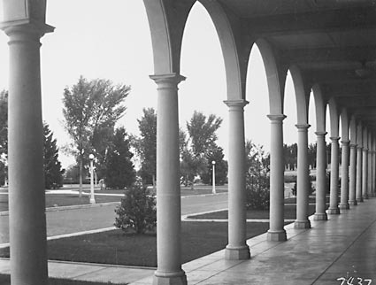 Buildings- Canberra- Collonades of Melbourne Building in Civic centre, Canberra looking towards City Hill.