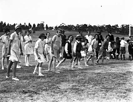 The start of a girls race at a school sports day, Acton Sports Ground.