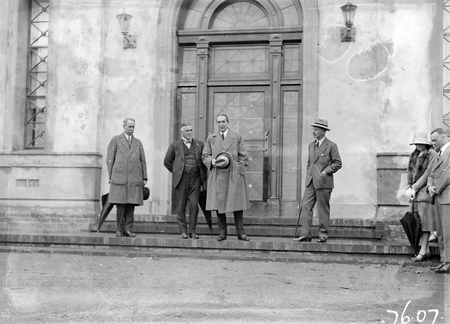 Opening of Church of England Mens Society. Prime Minister, Right Honourable SM Bruce speaking, Sir George Pearce and Governor-General at entrance to the Australian Forestry School, Banks St., Yarralumla.