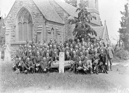 Opening of Church of England Mens Society. Group of Delegates in grounds of St John's Church.