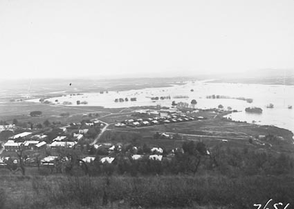Floodwaters in the Molonglo River  near Duntroon from Mt Pleasant, looking east
