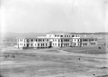 View of East Block, Queen Victoria Terrace from Parliament House. Location of Canberra Post Office.