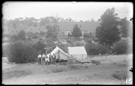 Camp opposite Cotter Pump House, downstream from Murrumbidgee River bridge (possibly part of 1923/1924 rebuilding the bridge after the 1923 flood).