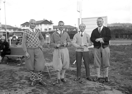 Golfers on the first tee at Canberra Golf Club near the Hotel Canberra. Left to right: George H. Romans, W. J. Mildenhall, Karl Schneider and G. Dawkins.		