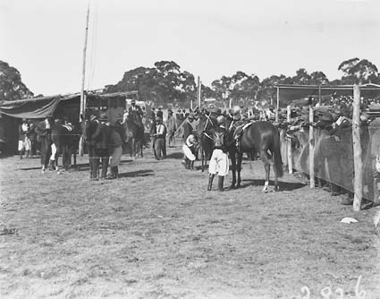 Jockeys and racehorses in the saddling ring, Acton Race Course.