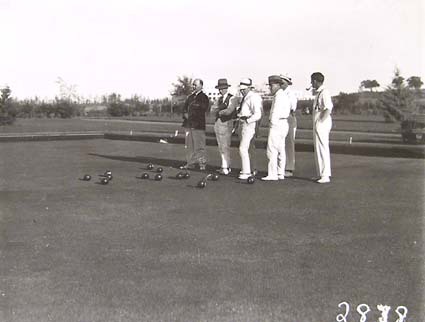 A game of bowls in progress at the Hotel Canberra bowling green.