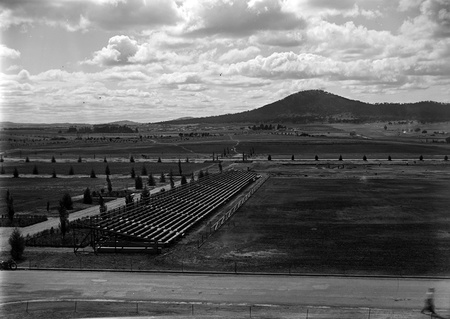 View of spectator stands in Parkes Place from roof of Parliament House.