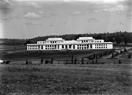 Parliament House from North showing spectator stands in Parkes Place.