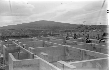 Weston Creek sewerage treatment works, Imhoff sedimentation and activated sludge tanks, under construction.