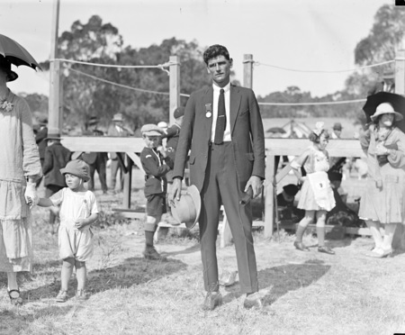 Walter Ernest Johnson after presentation with a Bronze Medallion for rescuing two airmen (named Pitt and Riley) from a blazing aircraft wreck near Everton Station, Gundaroo, at the annual Highland Games on Acton Flat.