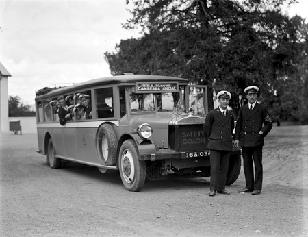 Visit to Canberra of Royal Navy Officers from HMS Renown- Officers, Petty Officers and ratings with Ageol Motor Bus