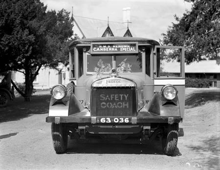 Visit to Canberra of Royal Navy Officers from HMS Renown - Front view of Ageol Motor Bus