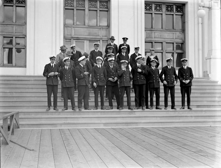 Visit to Canberra of Royal Navy Officers from HMS Renown - Party on the steps of Parliament House