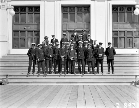 Visit to Canberra of Royal Navy Officers from HMS Renown - Party on the steps of Parliament House