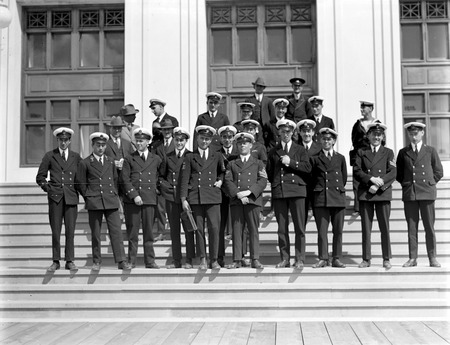 Visit to Canberra of Royal Navy Officers from HMS Renown - Party on the steps of Parliament House
