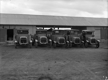 Five Thorneycroft motor trucks in front of garage at Kingston.