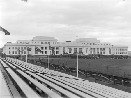 Royal Visit, May 1927. Troops assembling outside Parliament House for the opening ceremony.