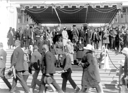 Royal Visit, May 1927. Canberra citizens passing the Royal Party on the front steps of Parliament House at the Civic Reception.