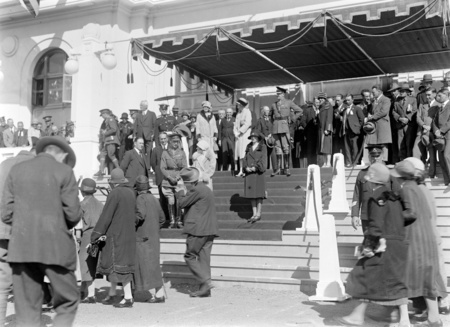 Royal Visit, May 1927. Canberra citizens passing the Royal Party on the front steps on Parliament House at the Civic Reception.