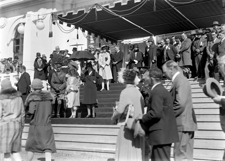 Royal Visit, May 1927 - Canberra citizens passing the Duke and Dutchess of York on the steps of Parliament House at the Civic Reception
