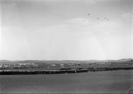Royal Visit, May 1927. Troops at Royal Review in York Park. RAAF aircraft in fly past.