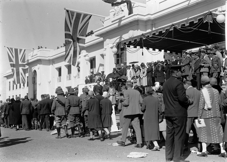 Royal Visit, May 1927. Canberra citizens passing the Duke and Dutchess of York on the steps on Parliament House at the Civic Reception.