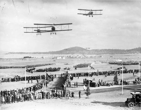 Royal Visit, May 1927. Royal Review in York Park, RAAF aircraft in fly past [Published in Lionel Wigmore, The Long View].