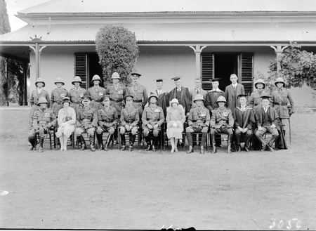 Royal Visit, May 1927. The Duke and Duchess of York with the staff of Duntroon Royal Military College in front of the Officers Mess, Duntroon House.
