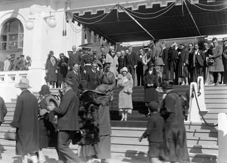 Royal Visit, May 1927. Canberra citizens passing the Duke and Dutchess of York on the steps on Parliament House at the Civic Reception.
