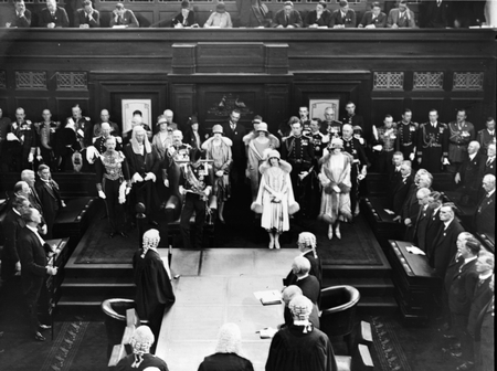 Royal Visit, May 1927. Ceremony inside the Senate Chamber. The Duke reading the Proclamation [Copy photograph].