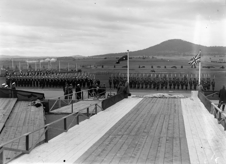 Royal Visit, May 1927. View from the steps of Parliament House down the entrance walk showing Navy and Army ranks. Mount Pleasant in background.