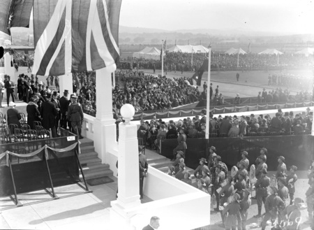 Royal Visit, May 1927. Crowds and Army Band at the front steps of Parliament House from the east.