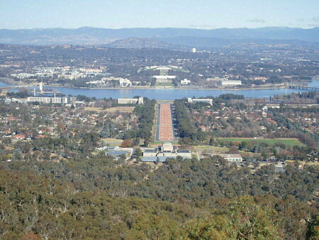 View from Mt Ainslie lookout showing the Australian War Memorial, Anzac Parade, Lake Burley Griffin, Old and New Parliament House
