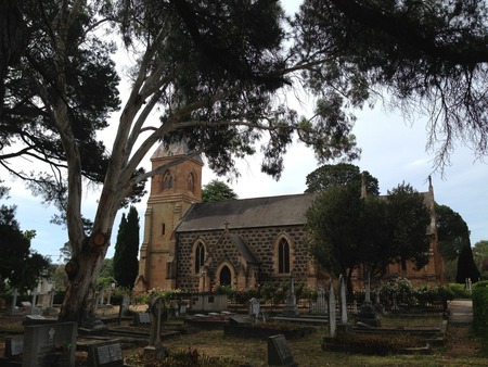 The big gum tree on the left, which doesn't exist in the original photo, is starting to lift some of the graves with its roots. It's nice that they took the ivy off the church, the stonework is so pretty.
